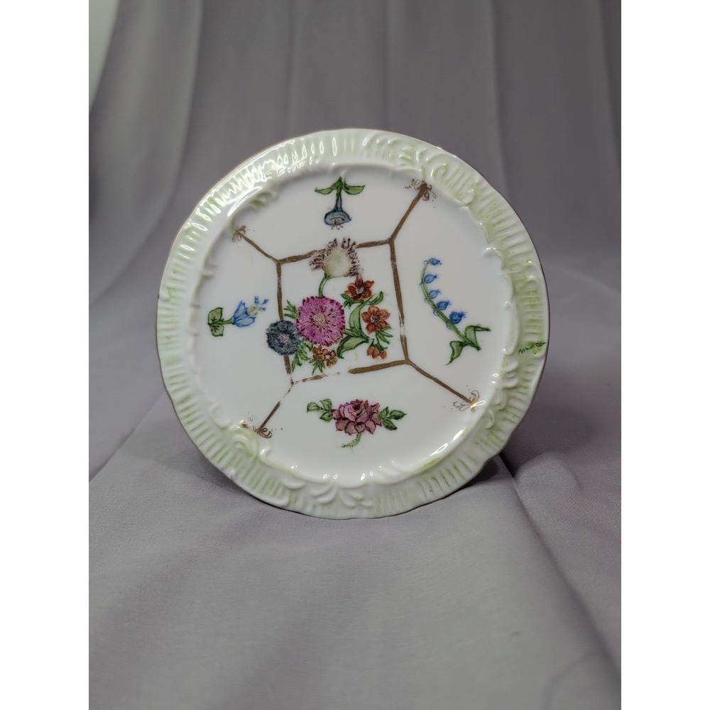 Signed Hand Painted Floral Porcelain Plate 6" Gold Trim Embossed Rim May02
